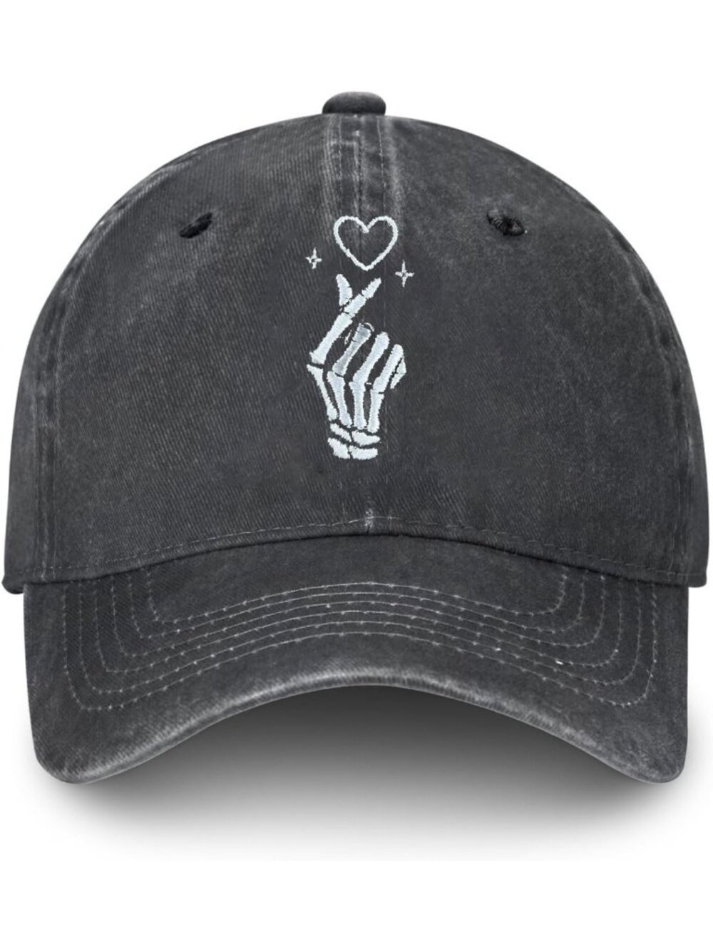 Unisax Heart Skull Polyester Embroidered Adjustable Washed Denim Baseball Hats